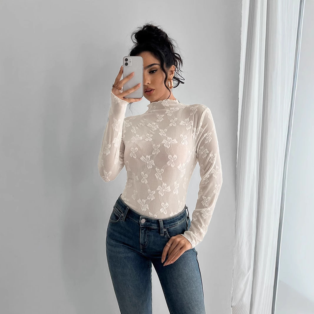 Butterfly Jacquard Mesh Slim Fit Stand-up Collar Long-sleeved