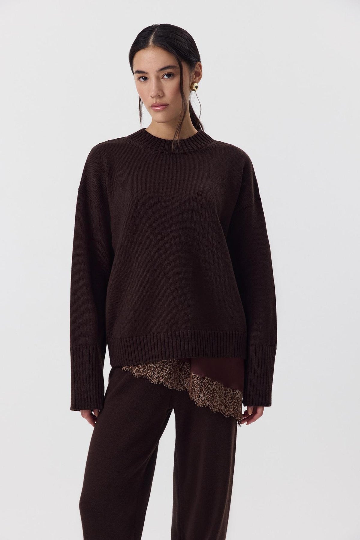 Loose-fit Crew-neck Pure Cotton Knit Lazy-style Sweater for Women