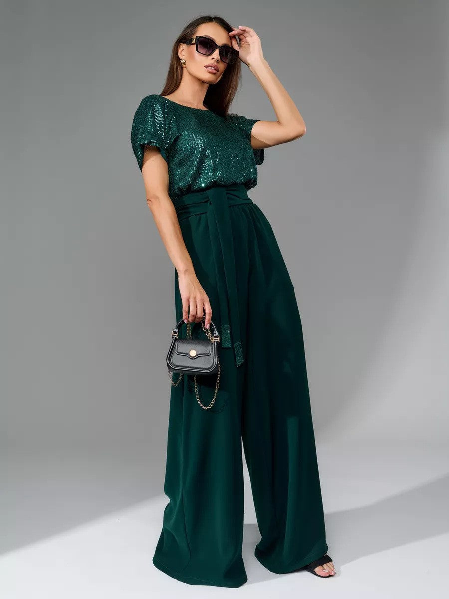 Glitter Sequin Short Sleeve Casual Jumpsuit