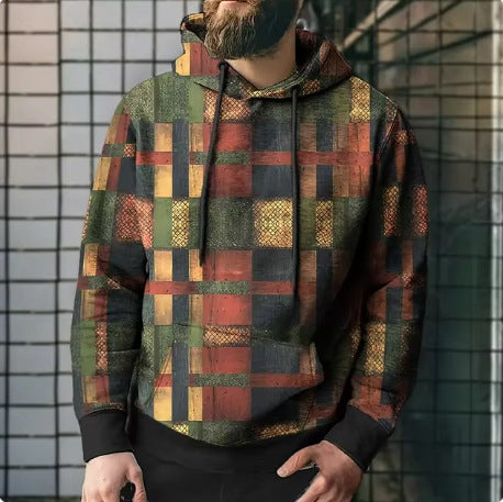 Colorblock Plaid Hooded Sweatshirt