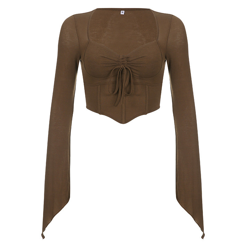 Ribbed Knit Fish Bone Pleated Crop Top