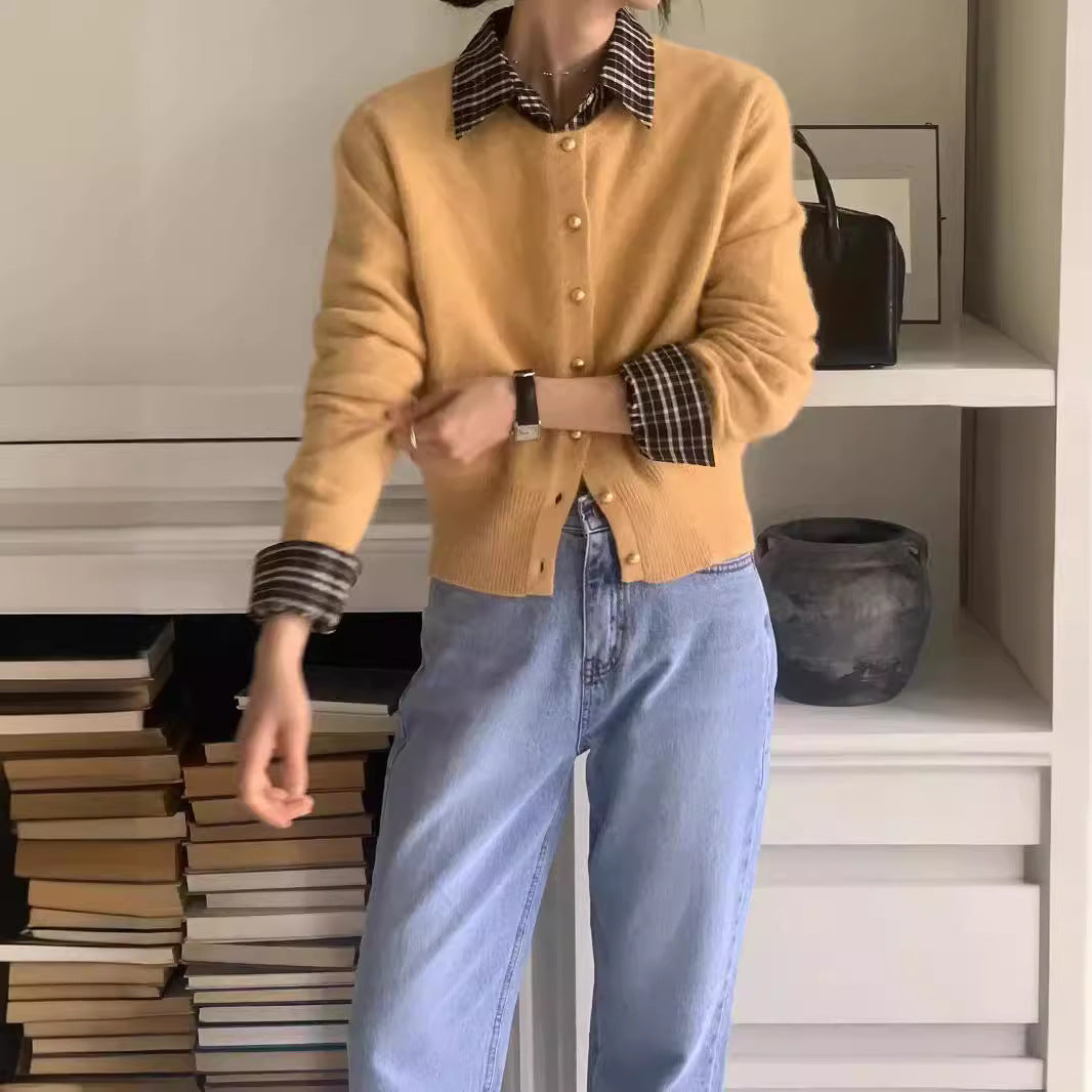 Round-neck Gold-button Wool Knit Cardigan Sweater
