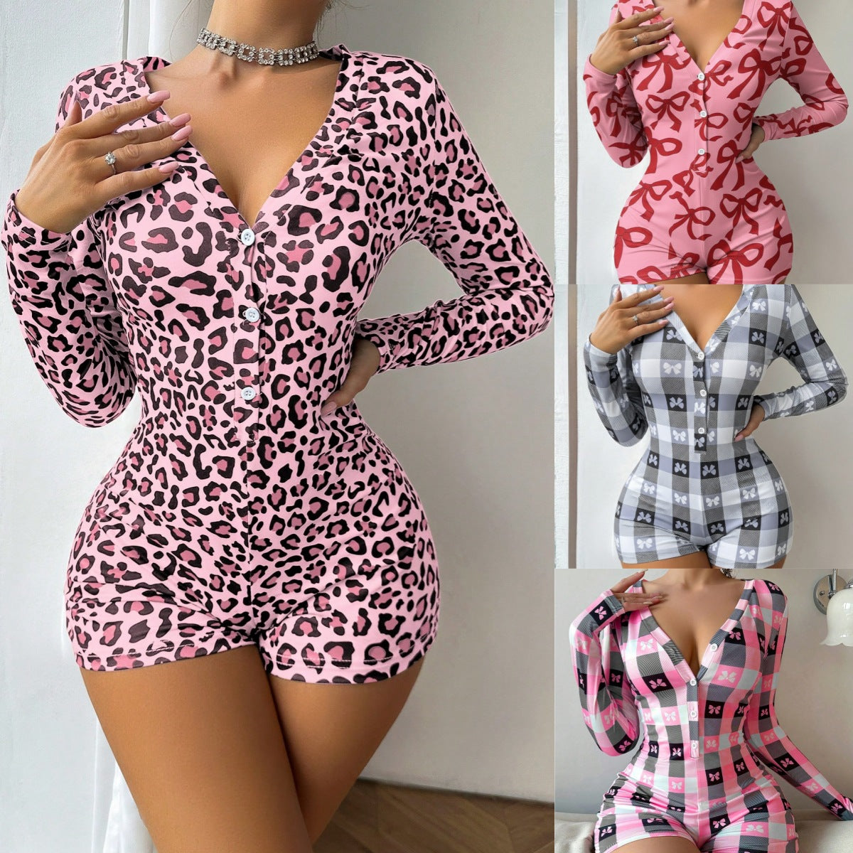 Chic V-Neck Slim-Fit Leopard & Plaid Bodysuit