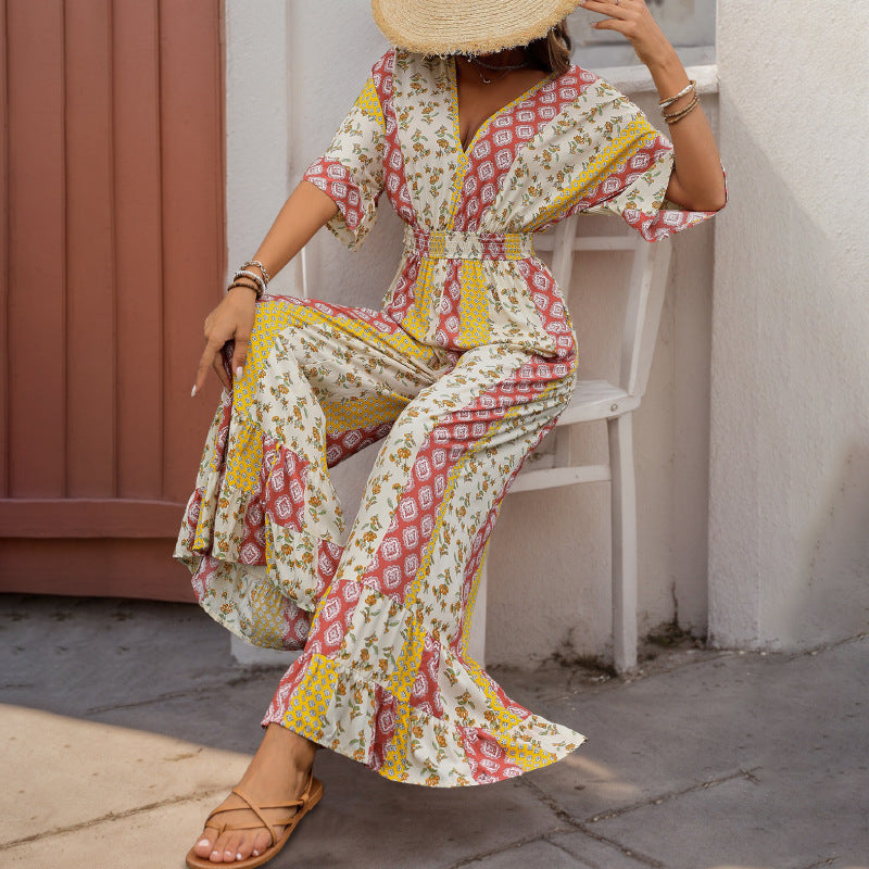 Summer New Bohemian Style Printed Retro Style High Waist One-piece Trousers For Women