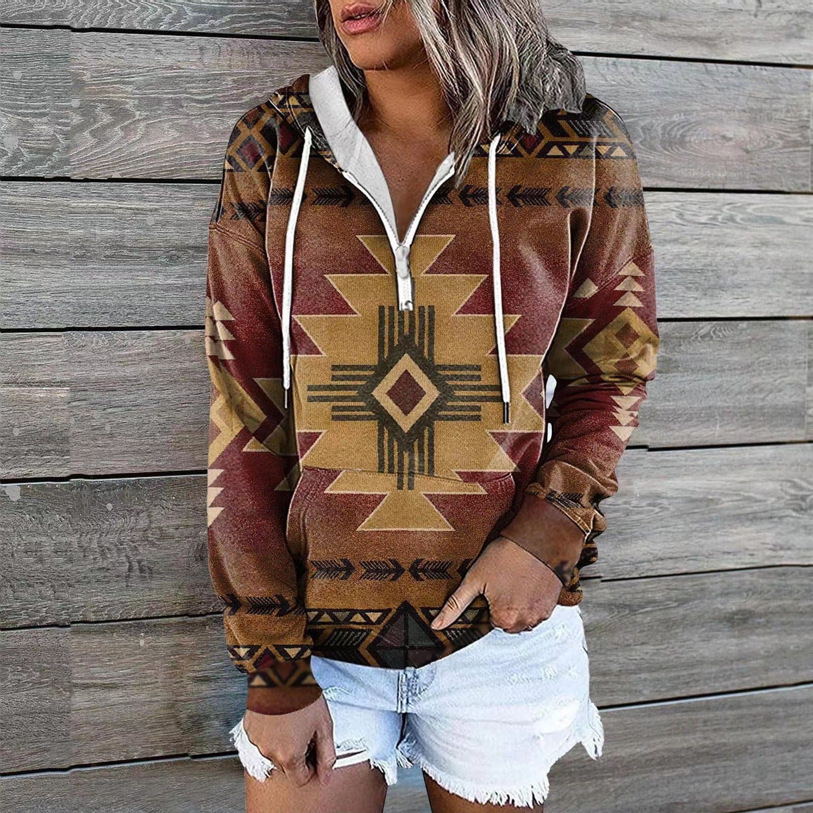 Ethnic Tribal Geometric Print Zip Hoodie