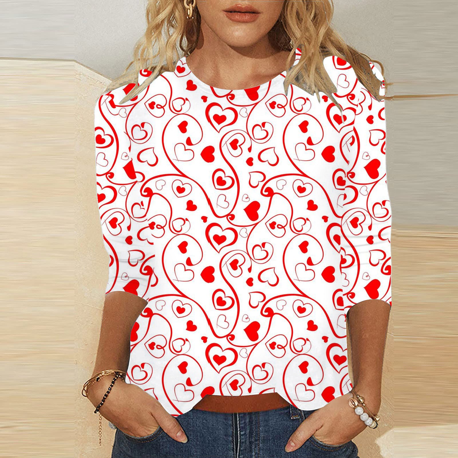 Valentine's Heart Print Casual Crew Neck T-Shirt