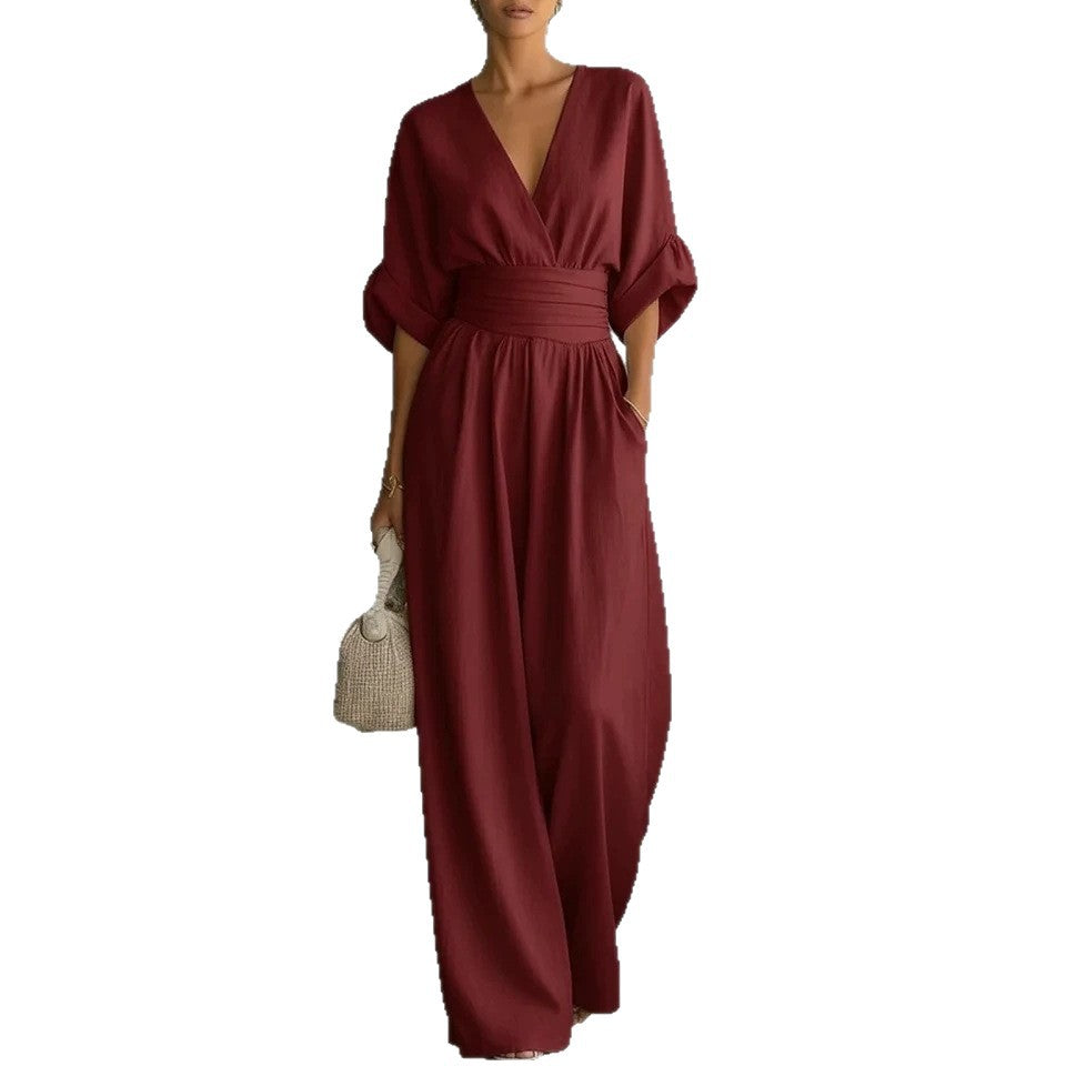 Elegant V-Neck Waist-Cinching Pleated Jumpsuit