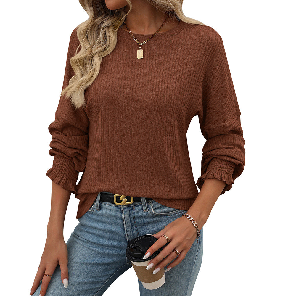 Loose Casual Sunken Stripe Long-sleeved T-shirt for Women