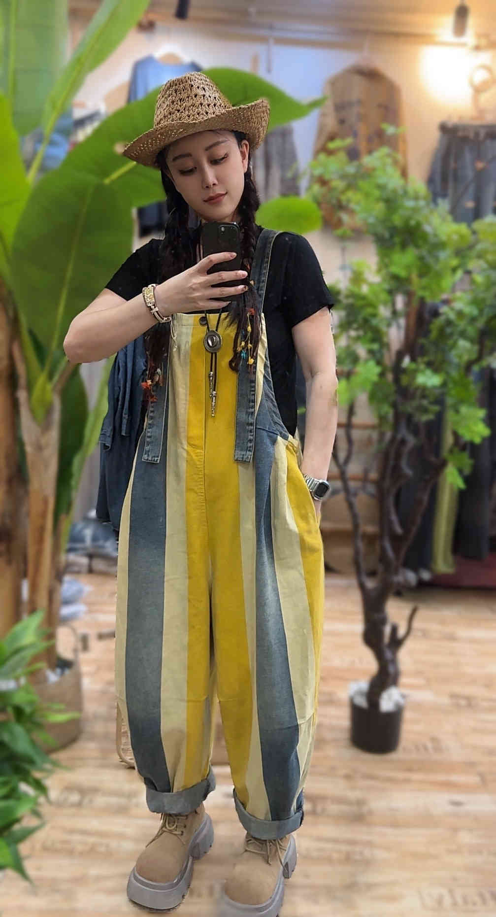 Vintage Stripe Suspender Pants Women's Loose Cotton Denim Jumpsuit