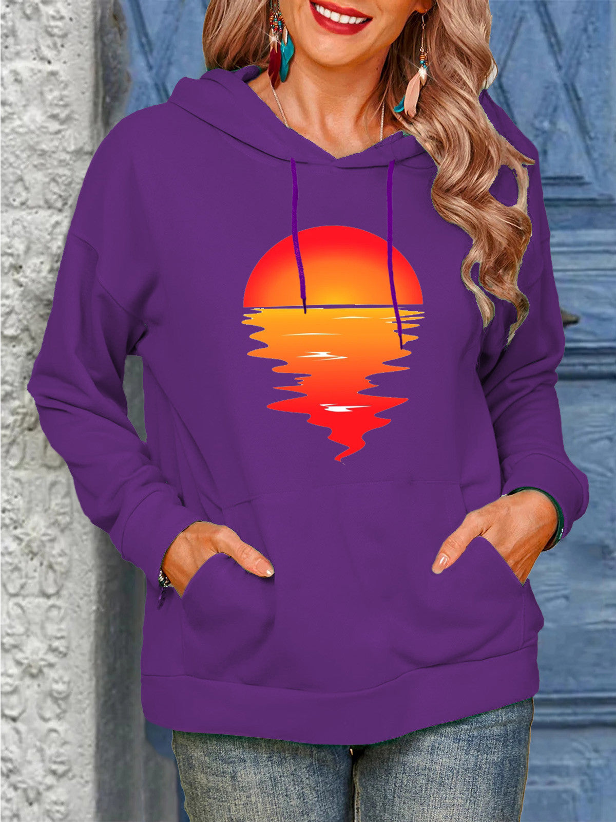 Women's Sun Print Drawstring Casual Hoodie