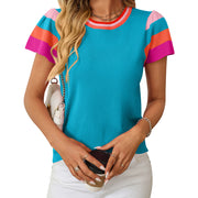 Contrast-color Short-sleeve Sweater with a Crew Neck