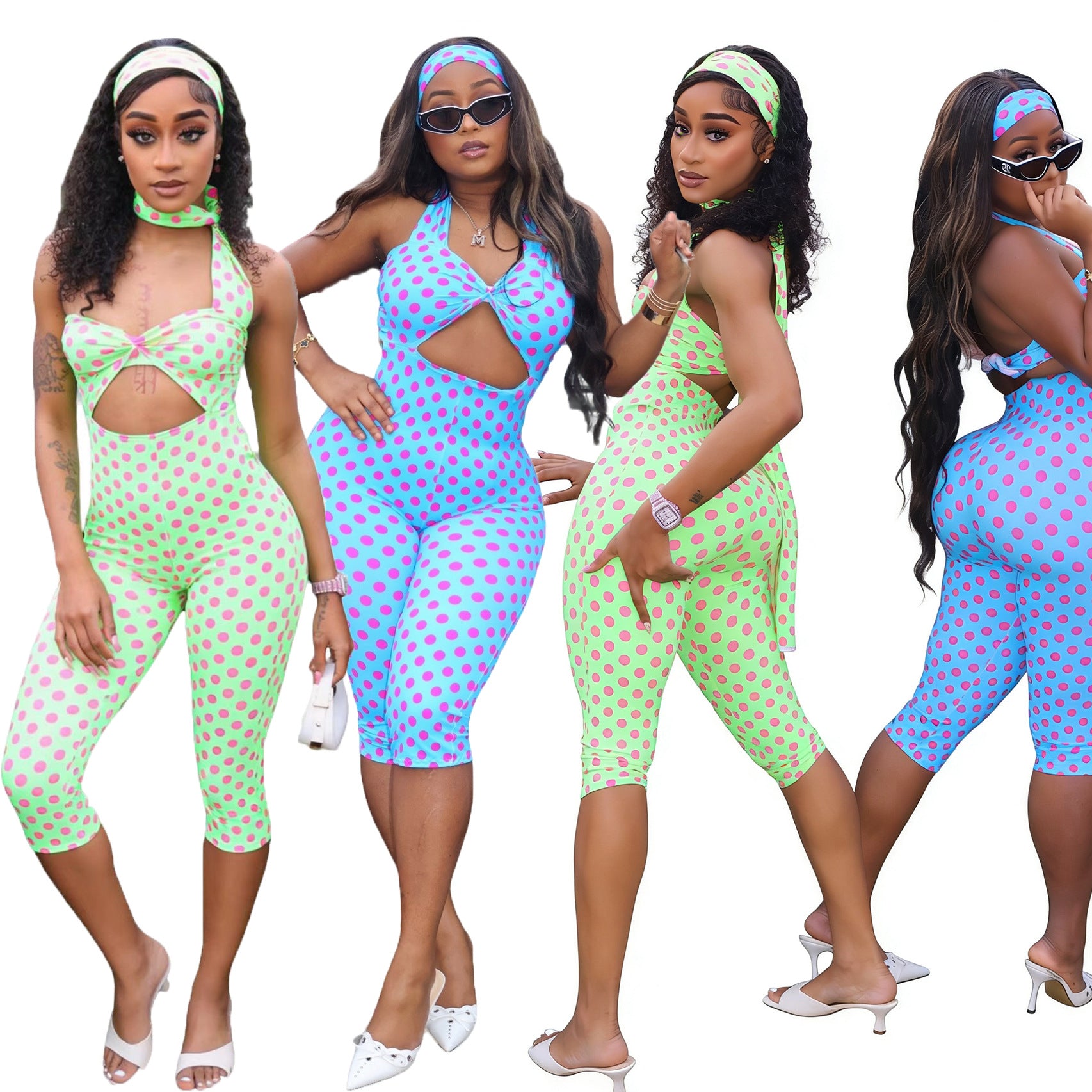 Polka-Dot Halter Bandeau Jumpsuit with Matching Headscarf