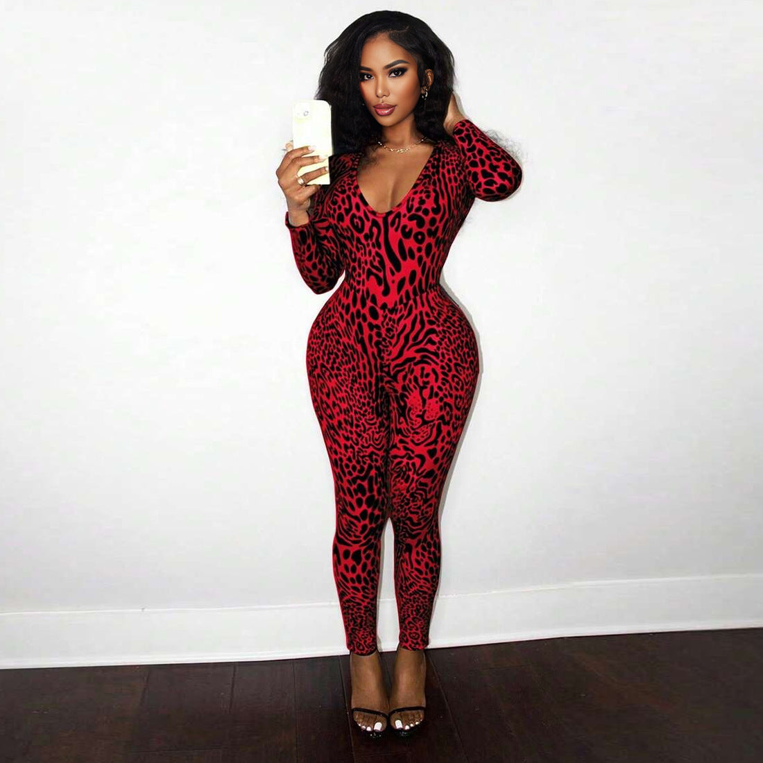 Leopard Print Long-Sleeve Slim-Fit Jumpsuit