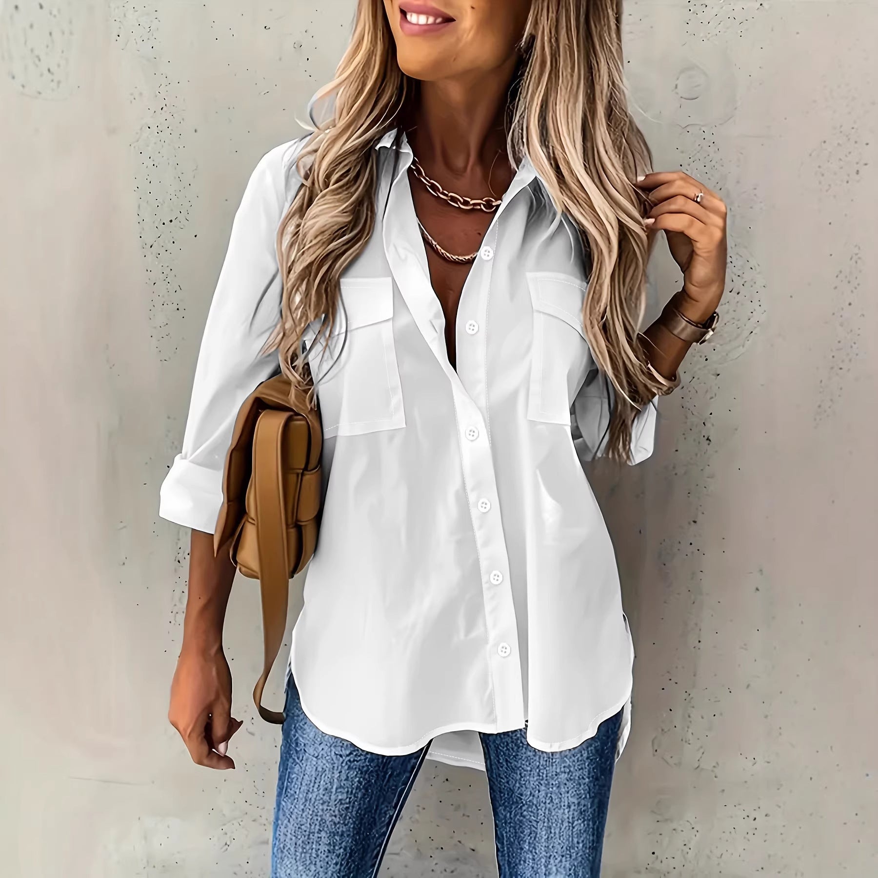 Women's Versatile Long-sleeved Plus-size Shirt With Pockets Suitable For All Seasons