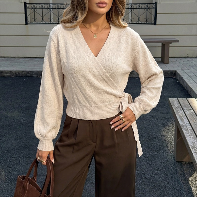 Solid-color Wrap-style V-neck Pullover Sweater with a Tie Belt