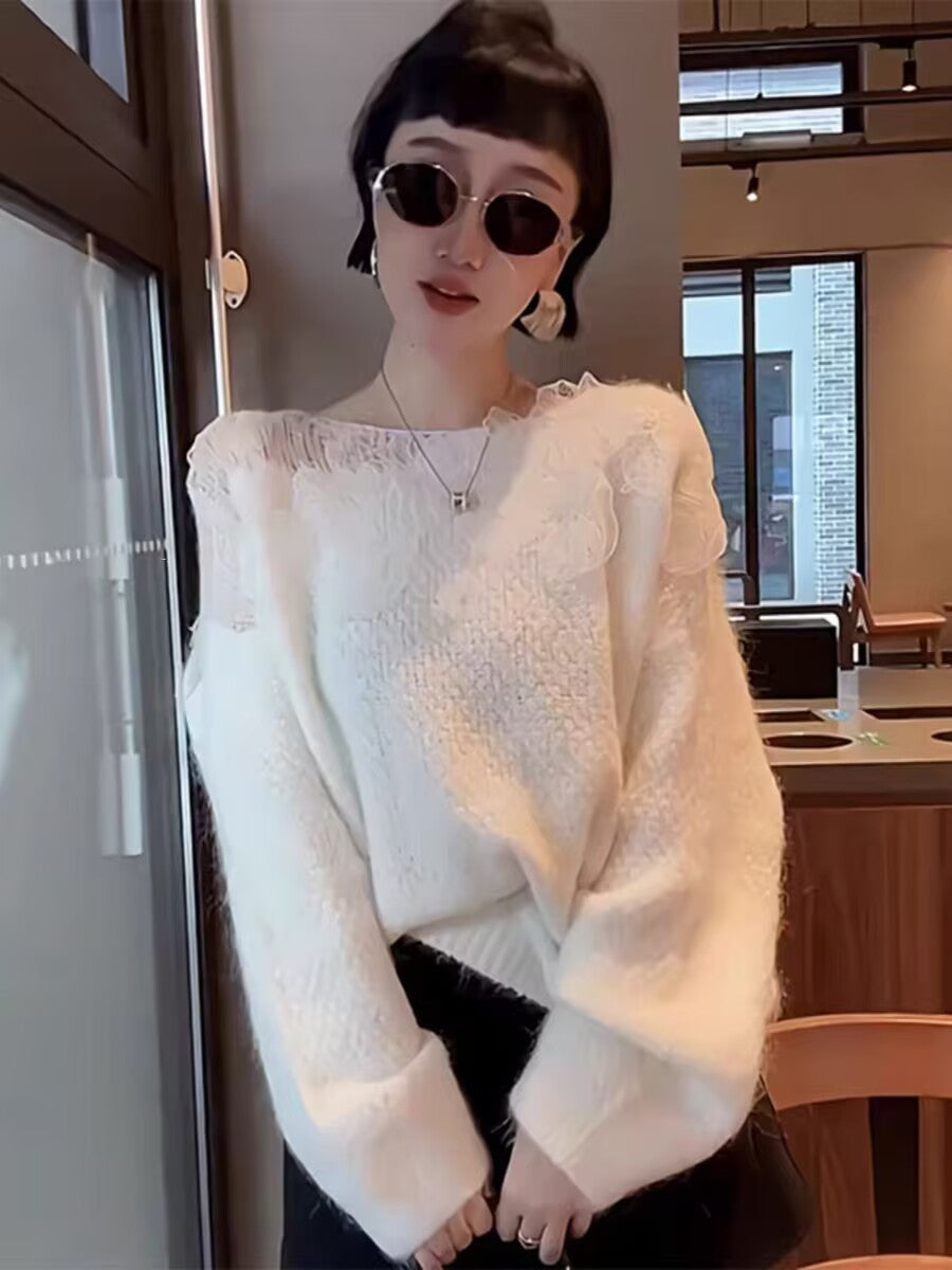 Womens Designer Lace-panel Hollow-out Sweater
