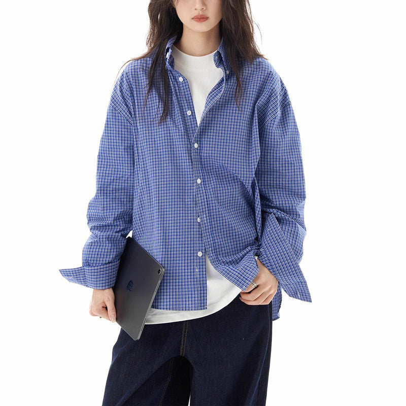 American Retro Blue Plaid Shirt Long Sleeve Women