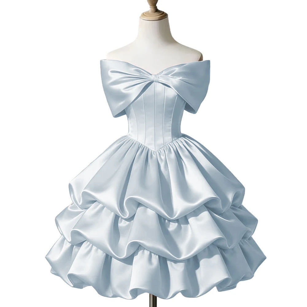 One-shoulder Satin Puff Skirt with a Bow Short-length Waist-cinching Designperfect for Everyday Wear