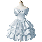 One-shoulder Satin Puff Skirt with a Bow Short-length Waist-cinching Designperfect for Everyday Wear