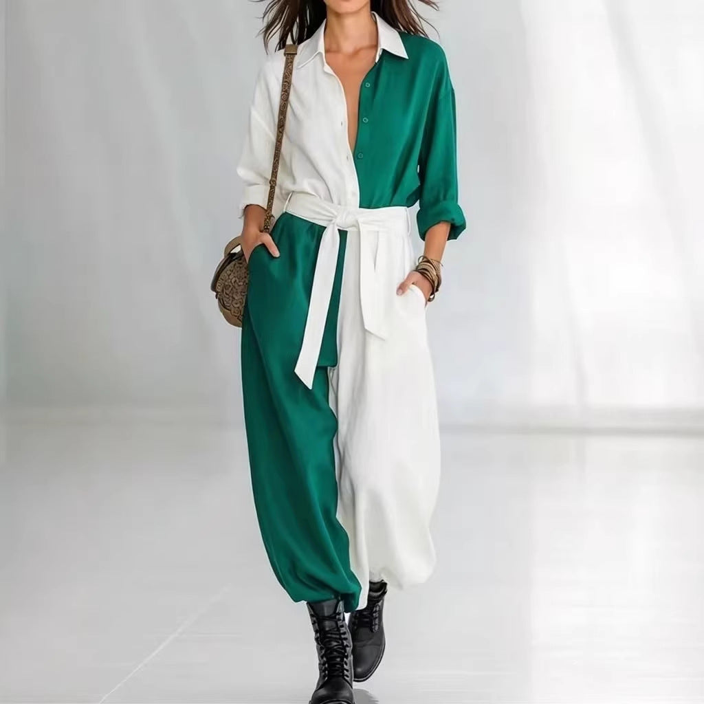 Spring Solid Colored Patchwork Long Sleeve Shirt Lace Up Jumpsuit