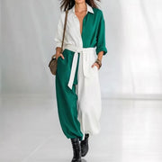 Spring Solid Colored Patchwork Long Sleeve Shirt Lace Up Jumpsuit
