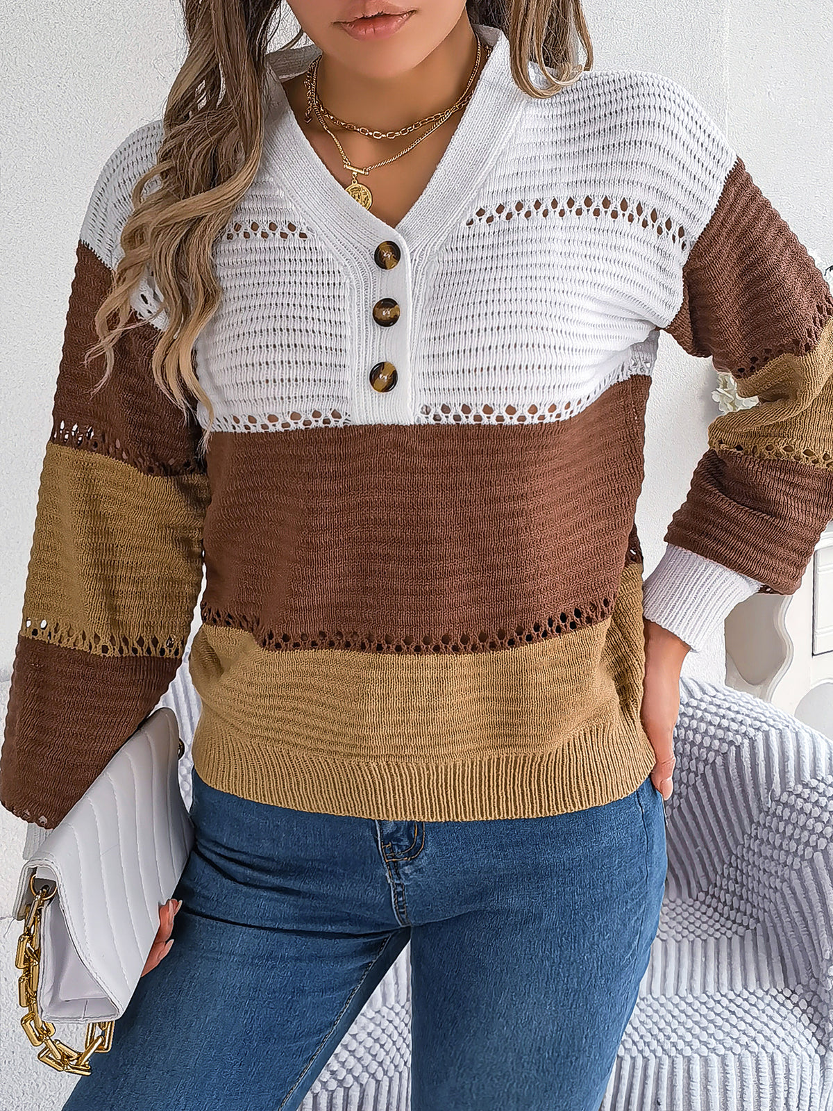 Women Casual Button V-neck Hollow Out Color Block Lantern Sleeve Pullover Sweater