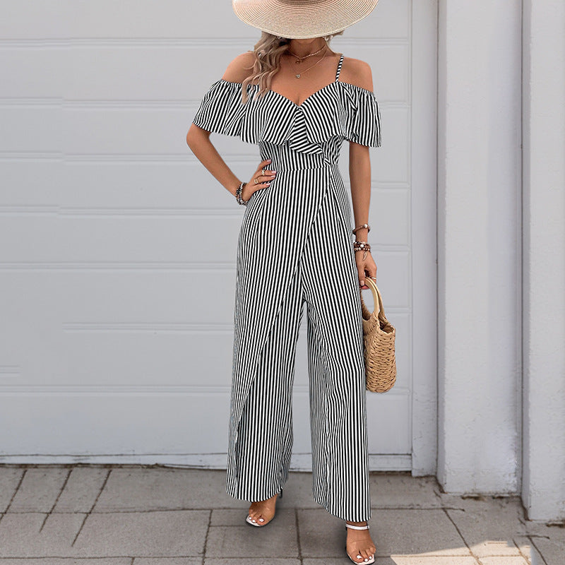 Summer New Striped Strap Wide Leg Jumpsuit For Women