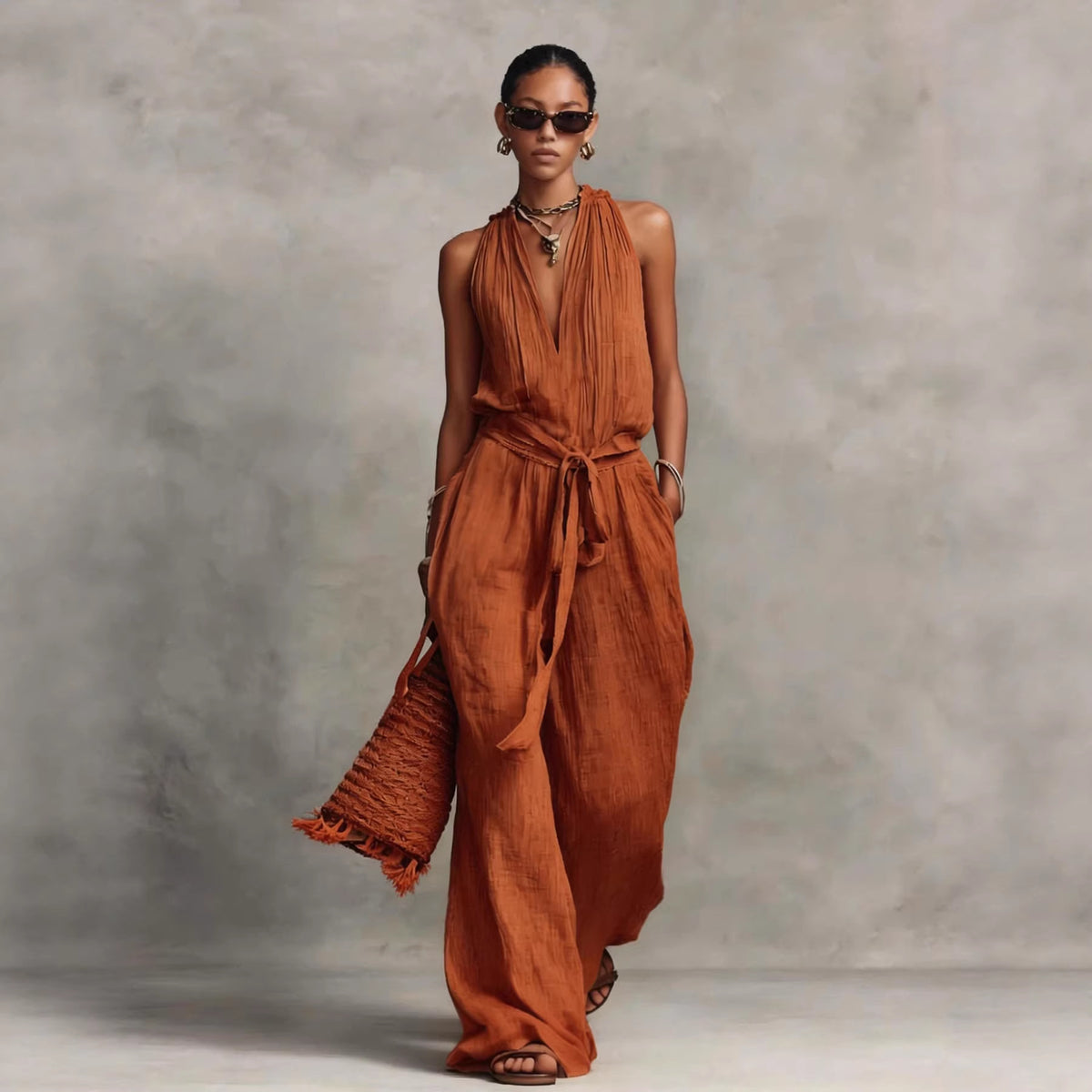 Casual Lace-Up Sleeveless Cotton-Blend Jumpsuit