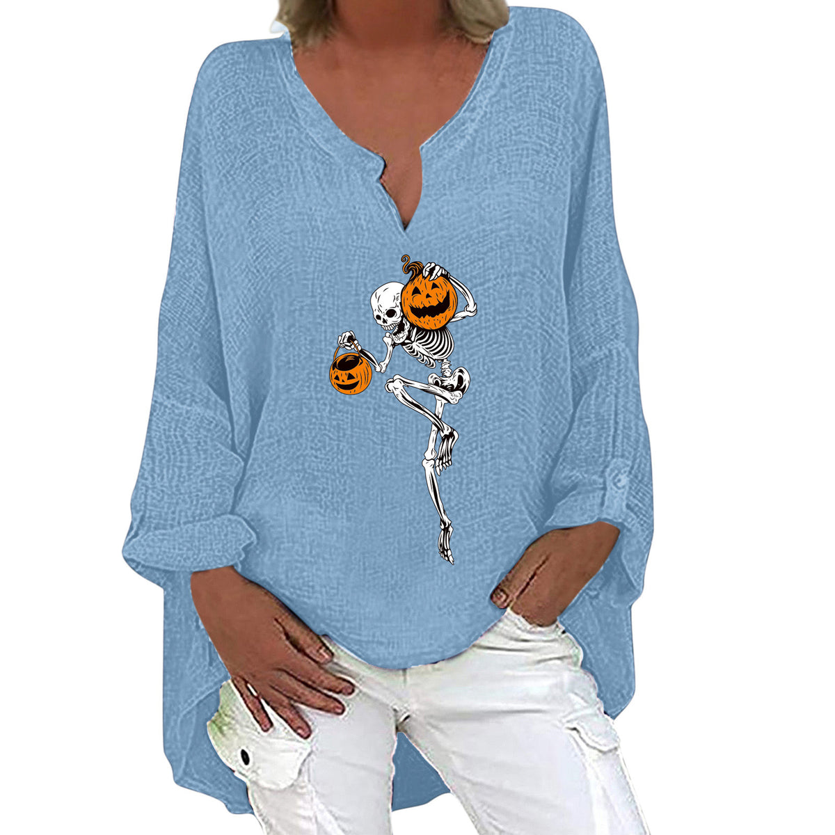 Women's Halloween V-Neck Cotton Linen Long Sleeve Shirt