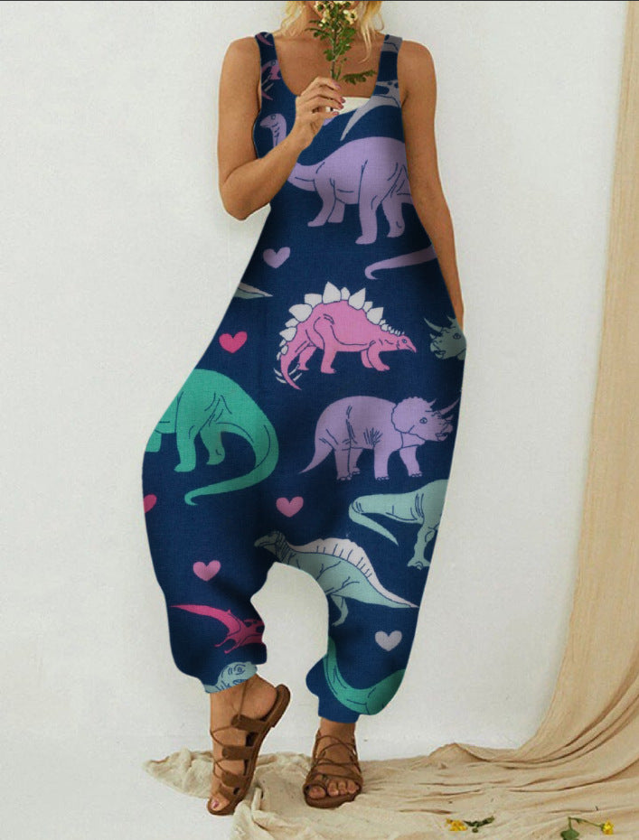 Cute Plus Size Animal Print Casual Beach Romper Overalls