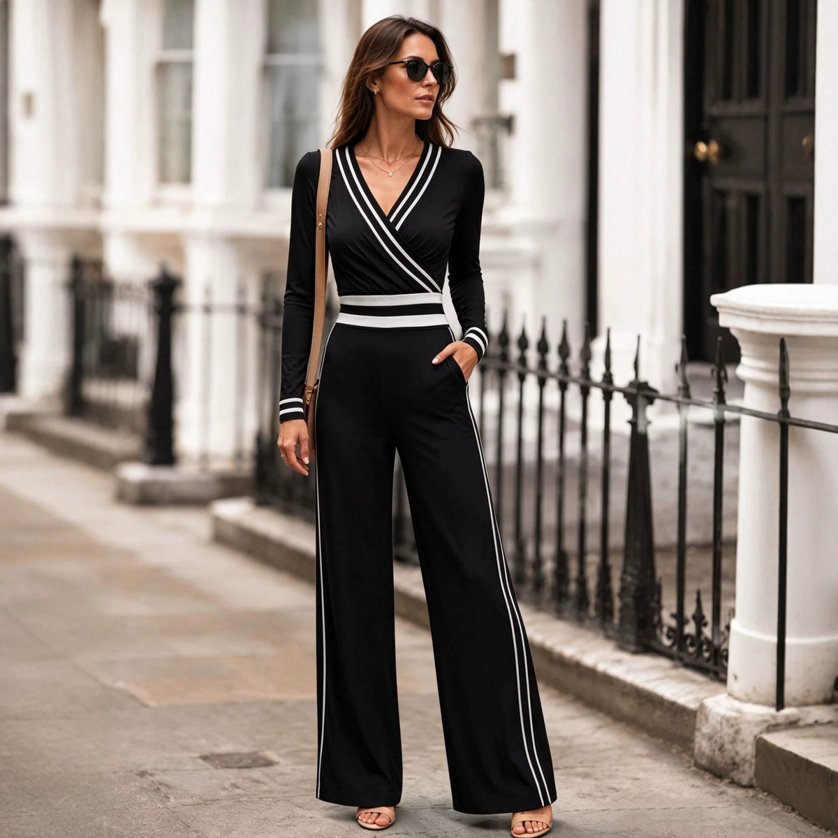 High-Waisted Color-Block Long Sleeve Jumpsuit