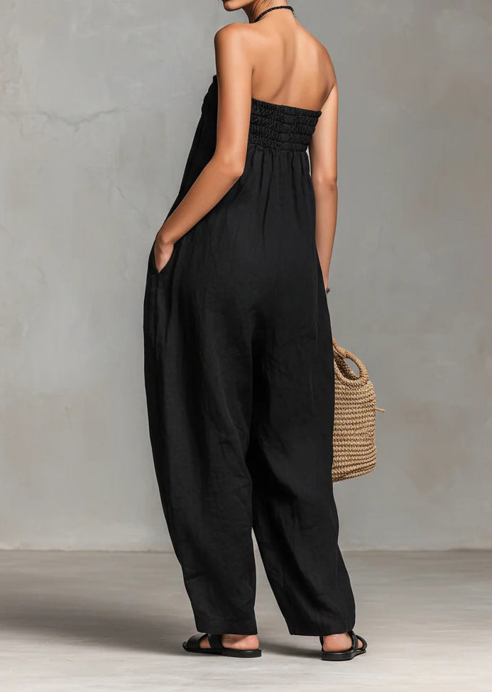 Women's Strapless Ruched Jumpsuit Summer Fashion Tie-up Loose Straight-leg Jumpsuit