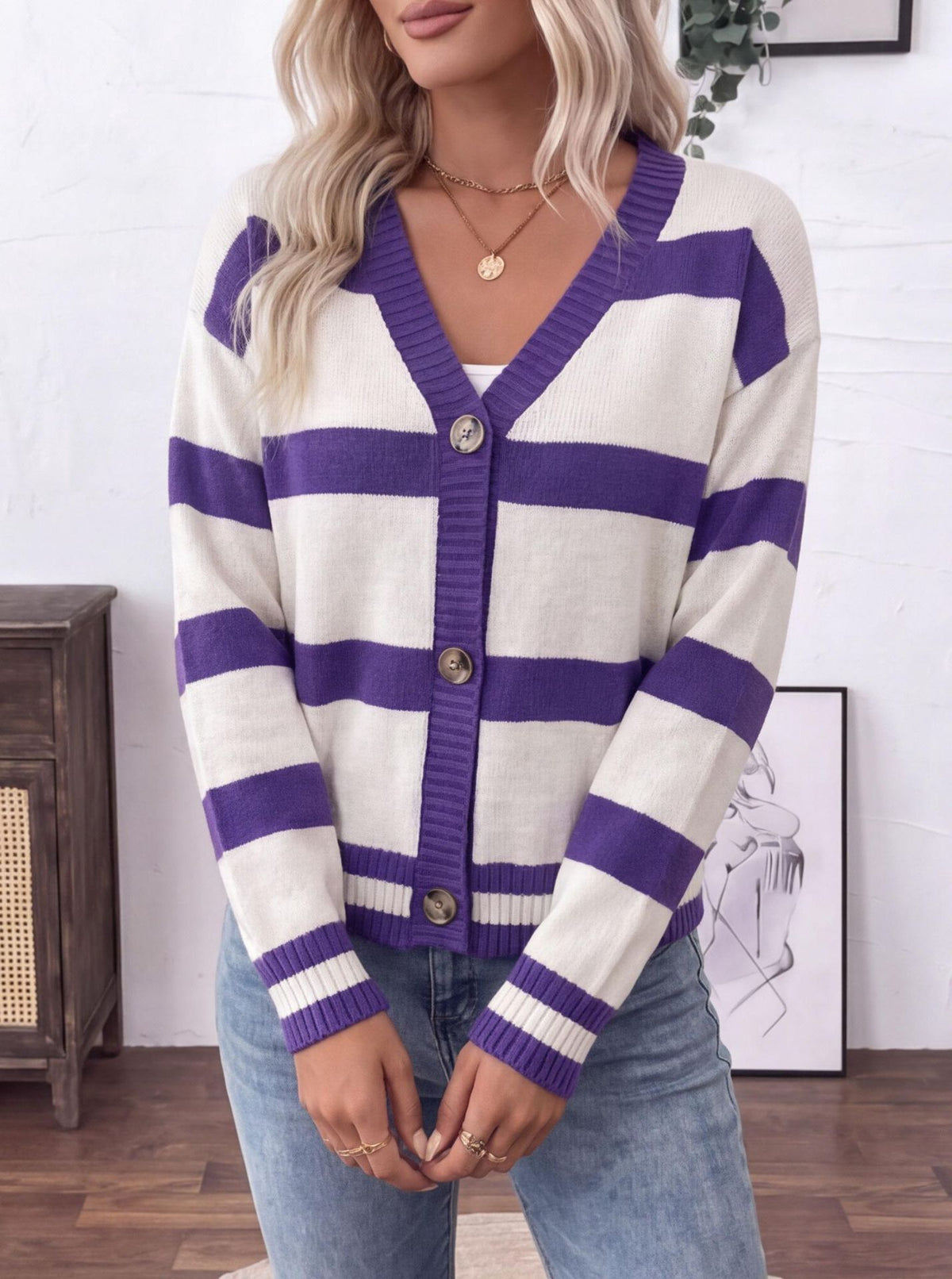 Womens Striped V-neck Knitted Cardigan