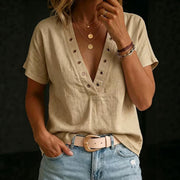 Loose-fitting Casual V-neck Short-sleeve Solid-color Womens Shirt