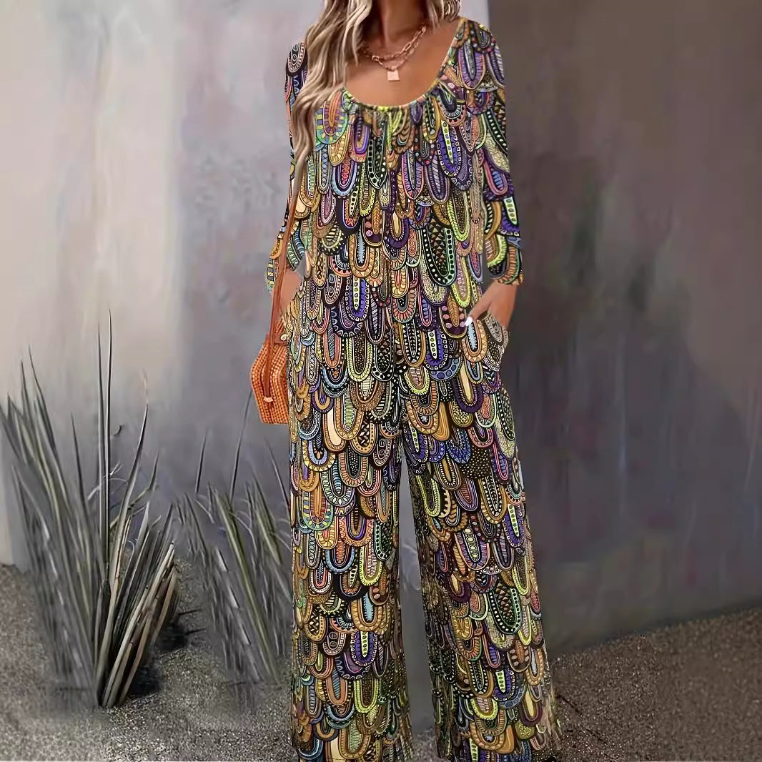 New Womens Printed Casual Crew-Neck Pocketed Loose Long-Sleeve Jumpsuit