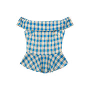 Off-Shoulder Blue Checkered Short Sleeve Summer Top