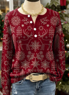 Womens Retro Printed Four-button Stand-up Collar Sweatshirt