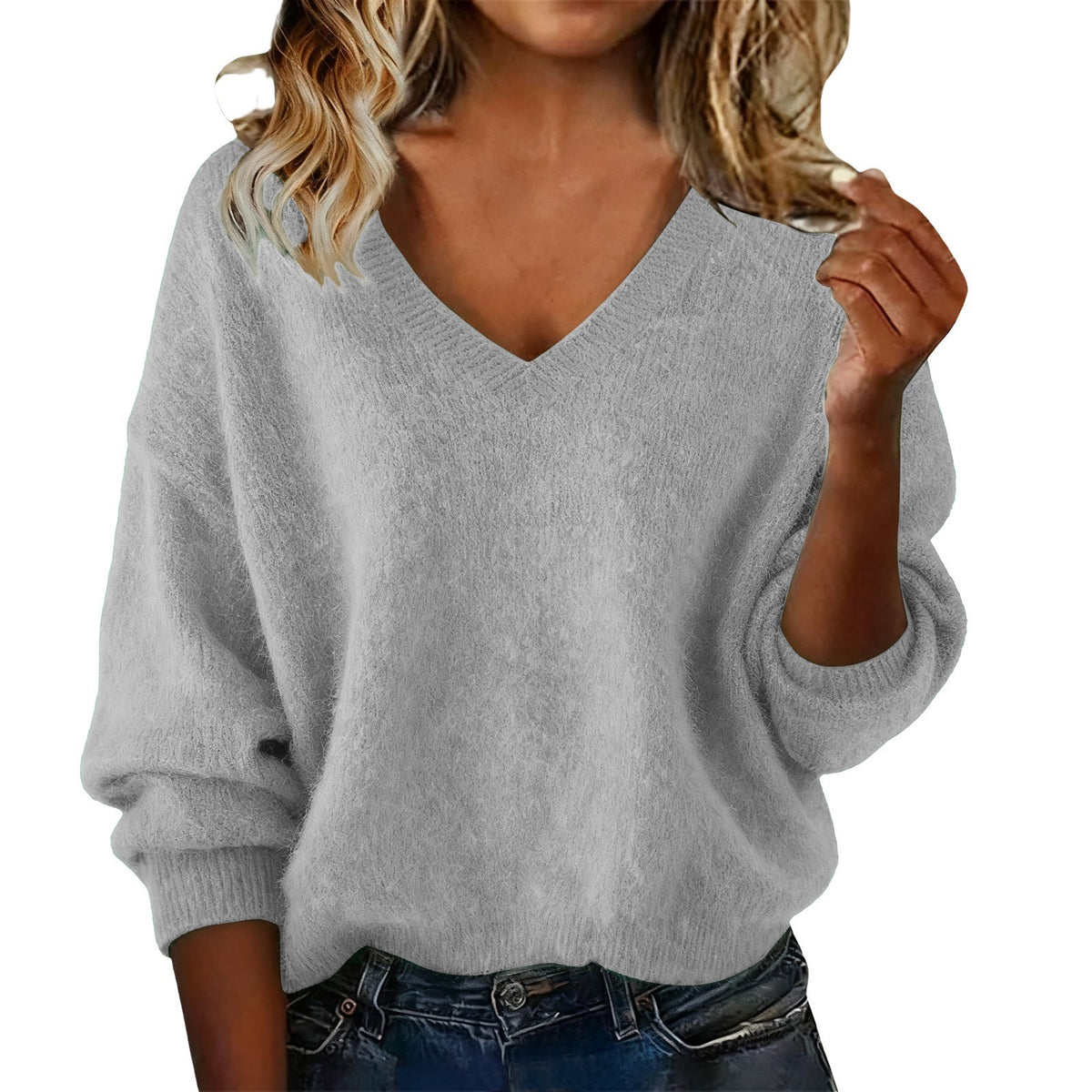 Women's New Autumn & Winter Solid Color V-neck Long Sleeve Knit Sweater, Loose Casual Tops