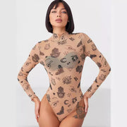 Women's Printed Long-Sleeve Tight Bodysuit