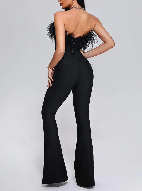 Sexy Sleeveless Feather Slimming Bowknot Decoration Straight Long Jumpsuit