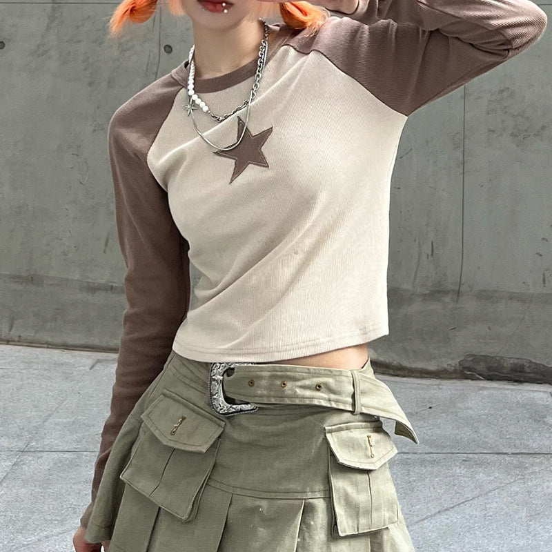 Women's Star Patchwork Long Sleeve Slim Fit T-Shirt