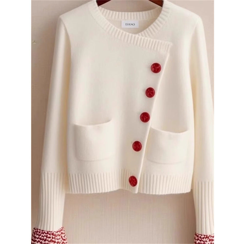 White Knitted Fabric Cardigan Sweater for Women