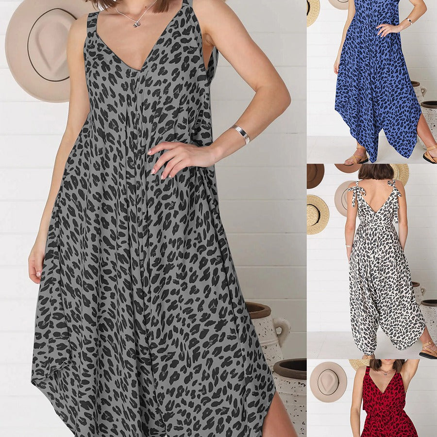 Leopard Print Wide Leg Jumpsuit Backless Romper