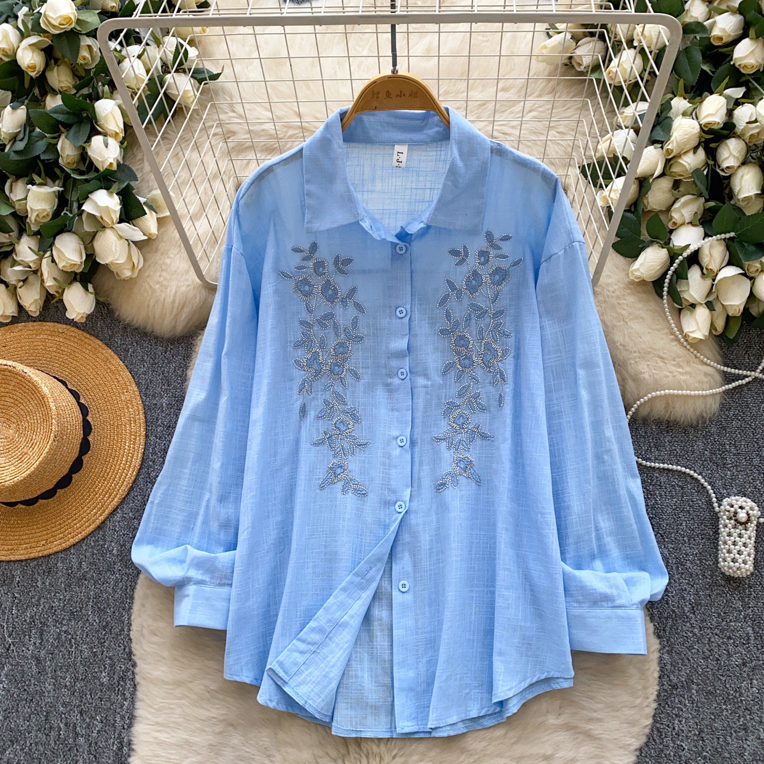 French‑Style Embroidered Diamond Detail Women’s Long‑Sleeve Shirt