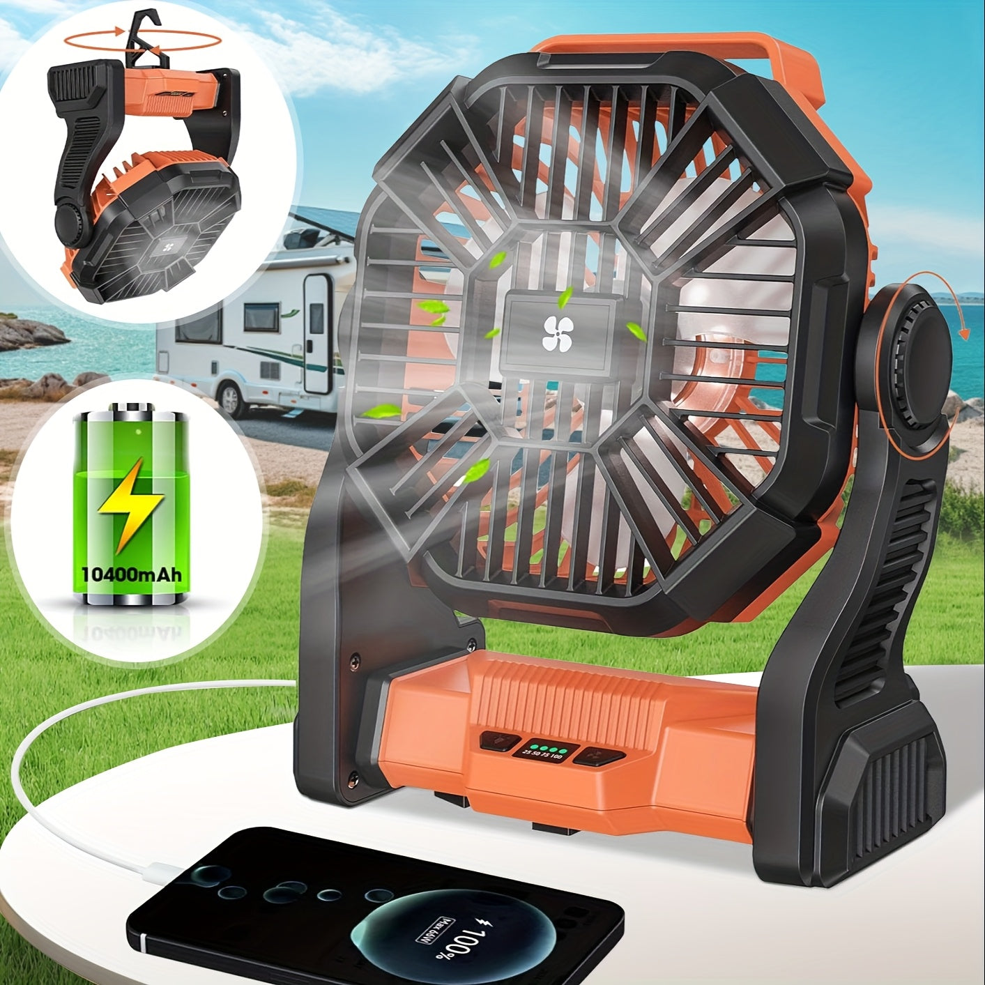 Three-in-One Battery Powered Camping Fan with LED Lantern, Timer and Rotating Base