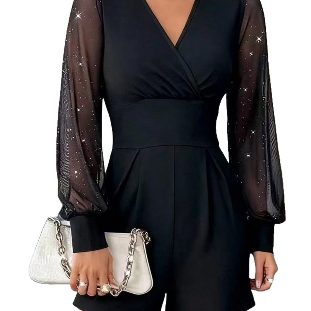Chic Puff Sleeve Mesh Shorts Jumpsuit