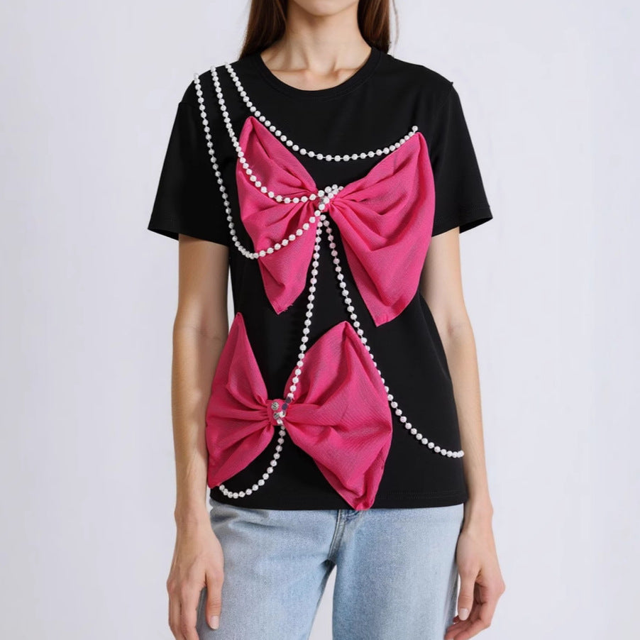 Loose Fit Pearl-Chain Pullover Top – Trendy Japanese/Korean Casual Tee