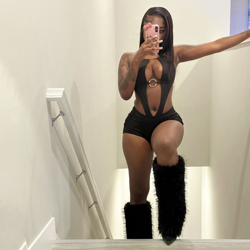 Womens Hollow-Out Sexy Backless Halter Jumpsuit