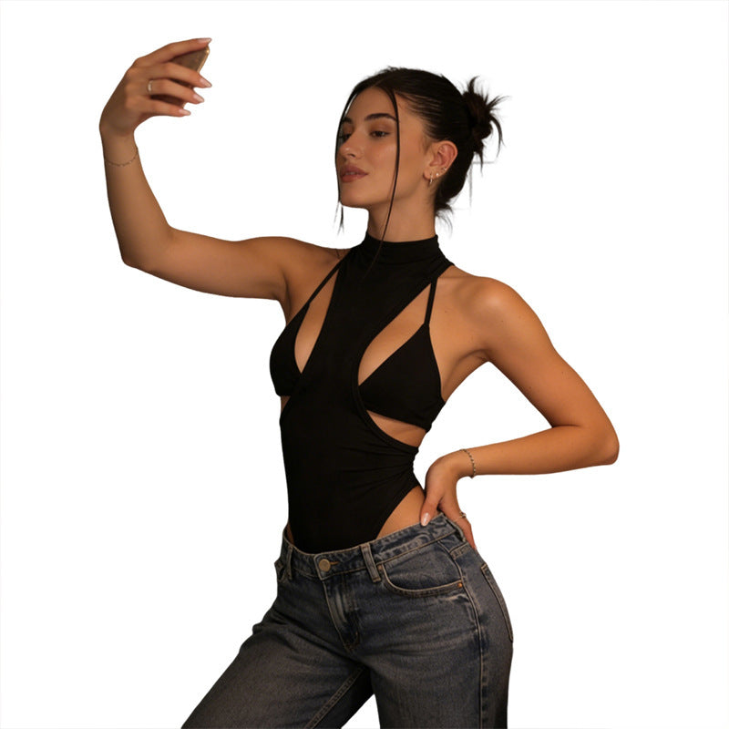 Sexy Solid-Color High-Neck Asymmetric Bodysuit For Women