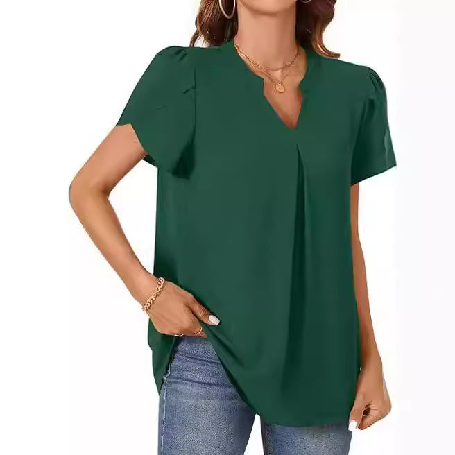 Chic V-Neck Petal Sleeve Loose Blouse for Women